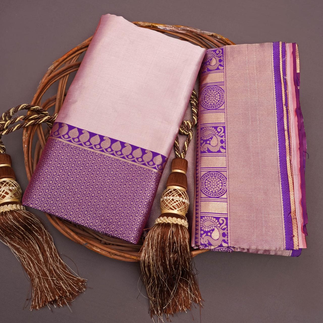 Purple and Light Peach Designer Sajavat Dola Silk Saree