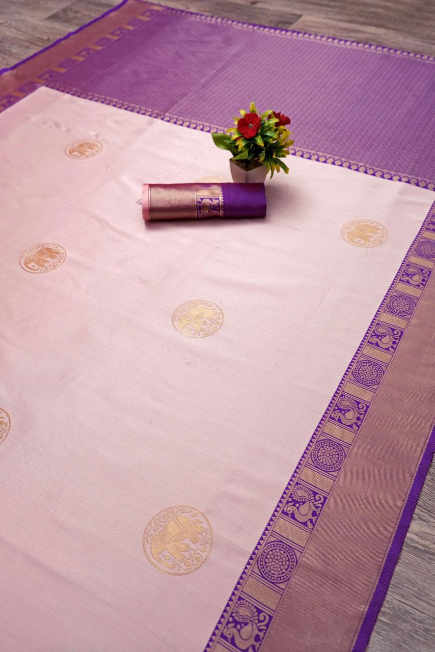 Purple and Light Peach Designer Sajavat Dola Silk Saree