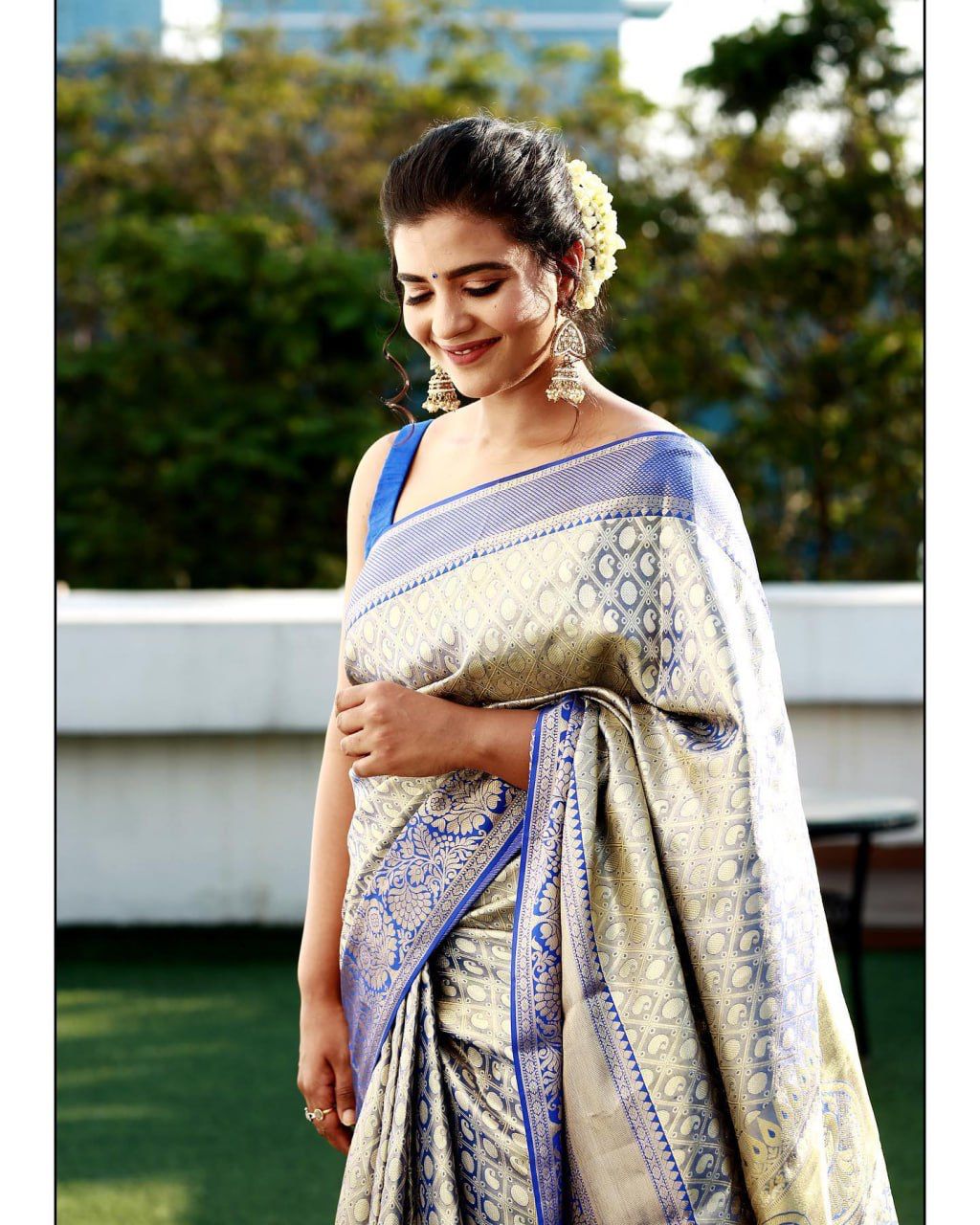 Blue Silver Design Boarder Samay Dola Silk Saree