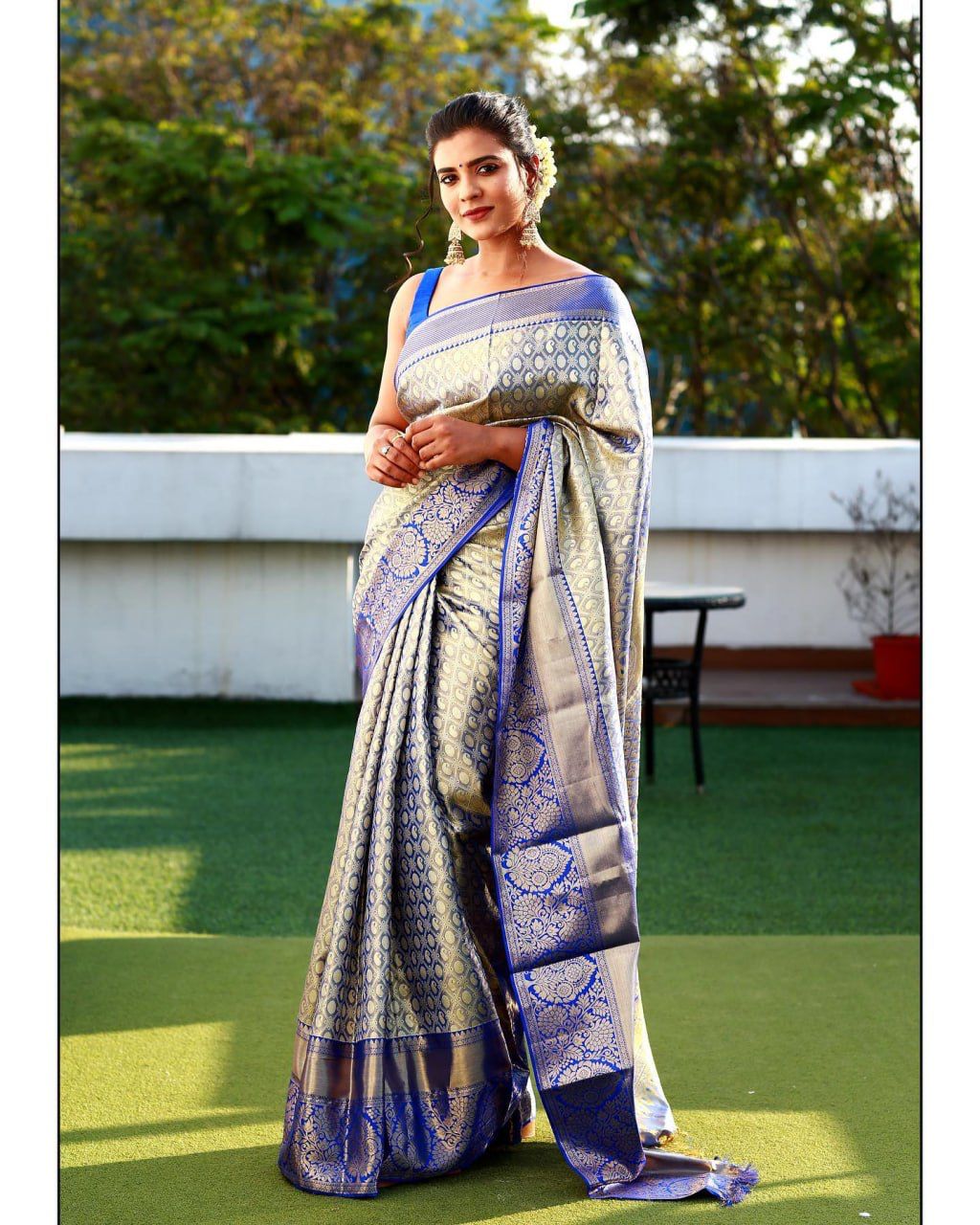 Blue Silver Design Boarder Samay Dola Silk Saree