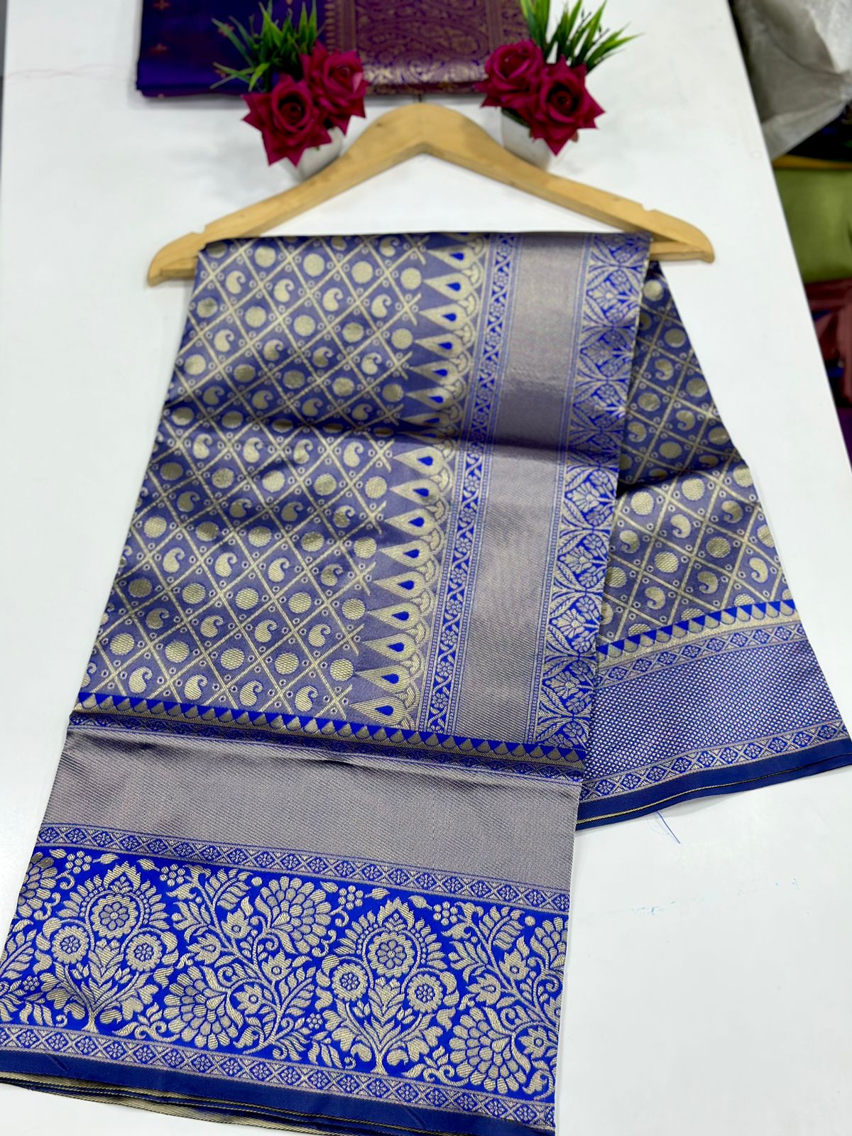 Blue Silver Design Boarder Samay Dola Silk Saree