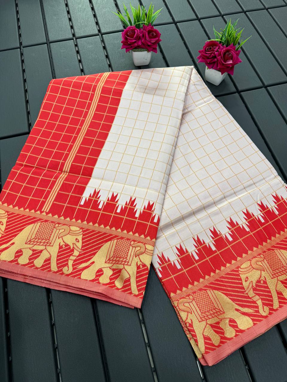 Off-white and Red Copper Design Sanvi Banarasi Silk Saree