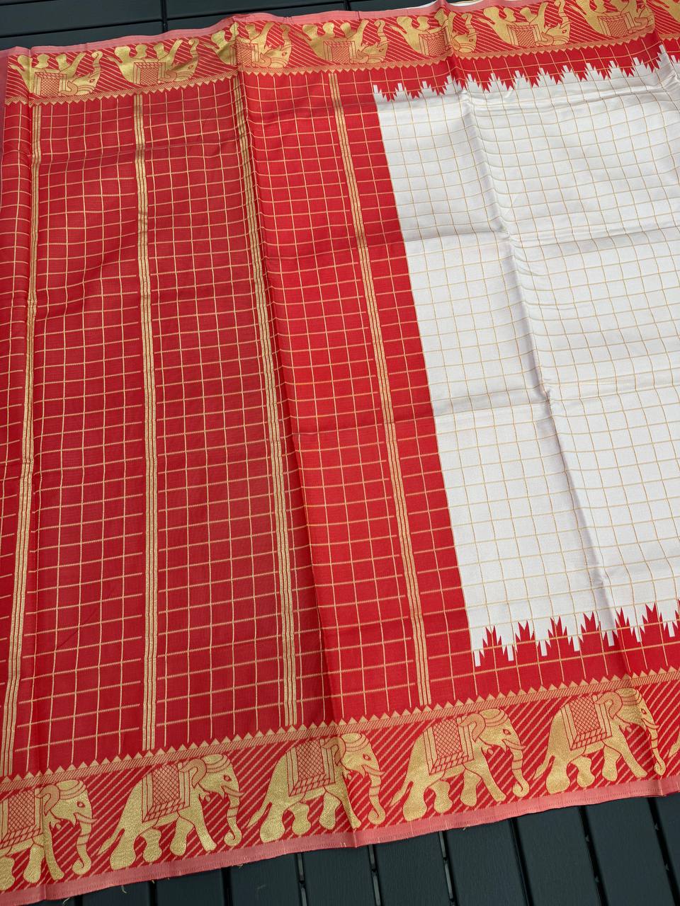 Off-white and Red Copper Design Sanvi Banarasi Silk Saree