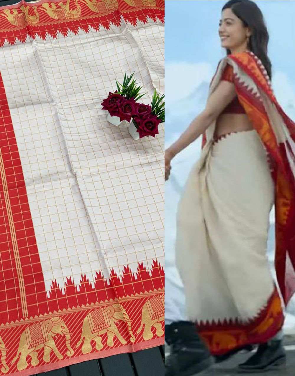 Off-white and Red Copper Design Sanvi Banarasi Silk Saree