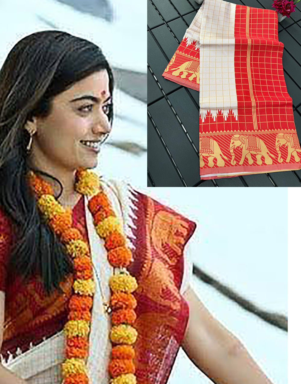 Off-white and Red Copper Design Sanvi Banarasi Silk Saree