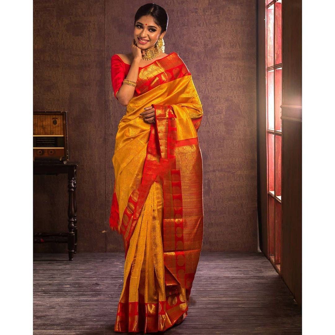 Yellow and Red Copper Design Saptarshi Banarasi Silk Saree