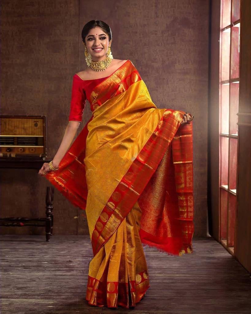 Yellow and Red Copper Design Saptarshi Banarasi Silk Saree