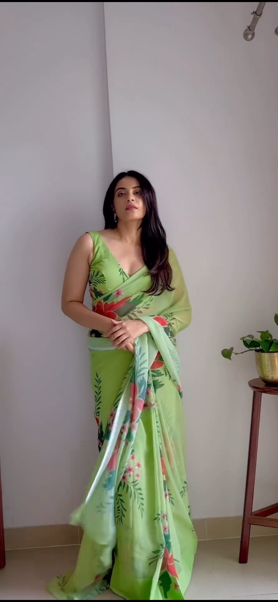 1-Minute Ready To Wear Pista Georgette Saree With Unstitched Blouse.