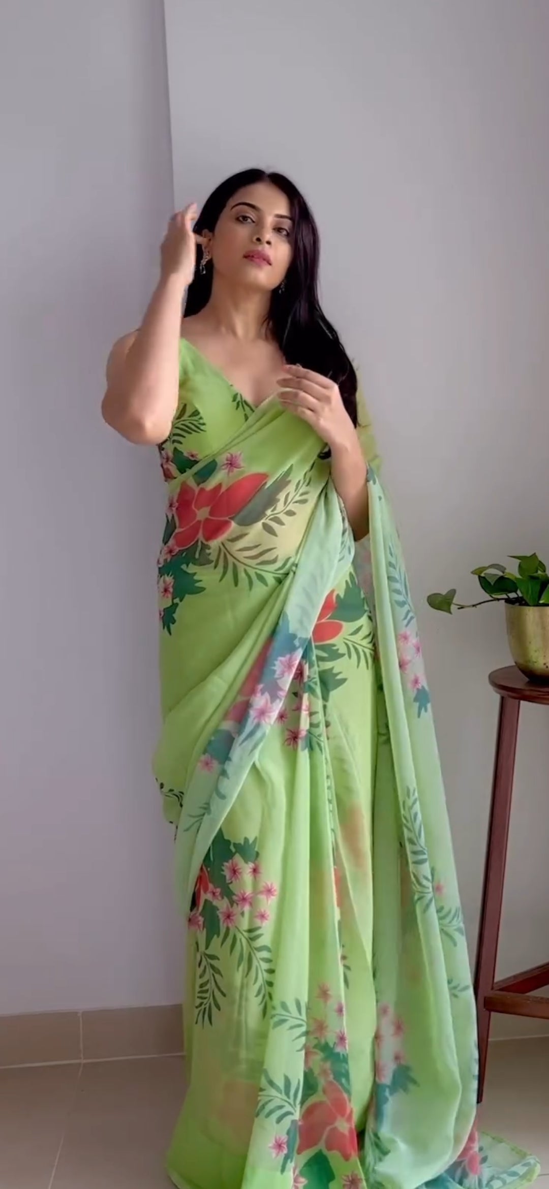 1-Minute Ready To Wear Pista Georgette Saree With Unstitched Blouse.