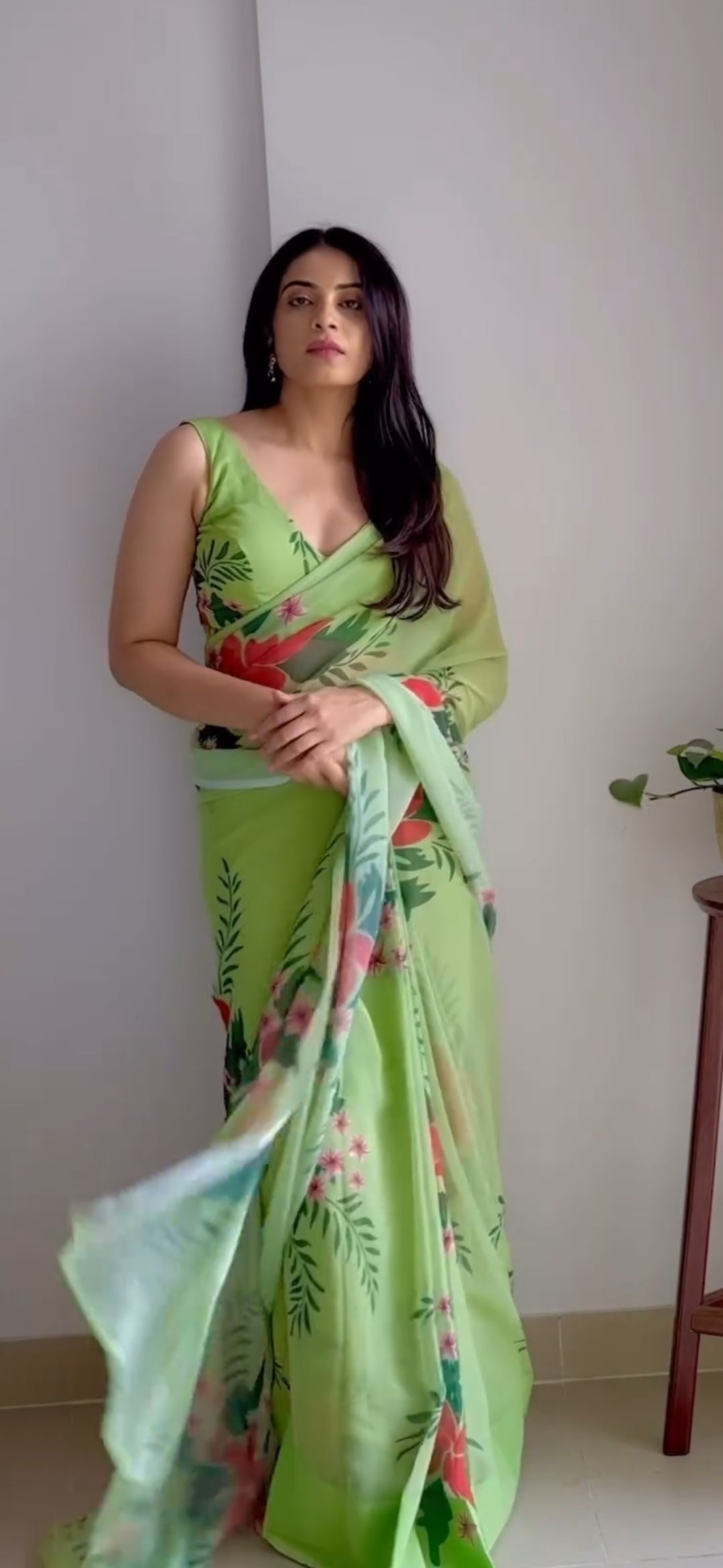 1-Minute Ready To Wear Pista Georgette Saree With Unstitched Blouse.