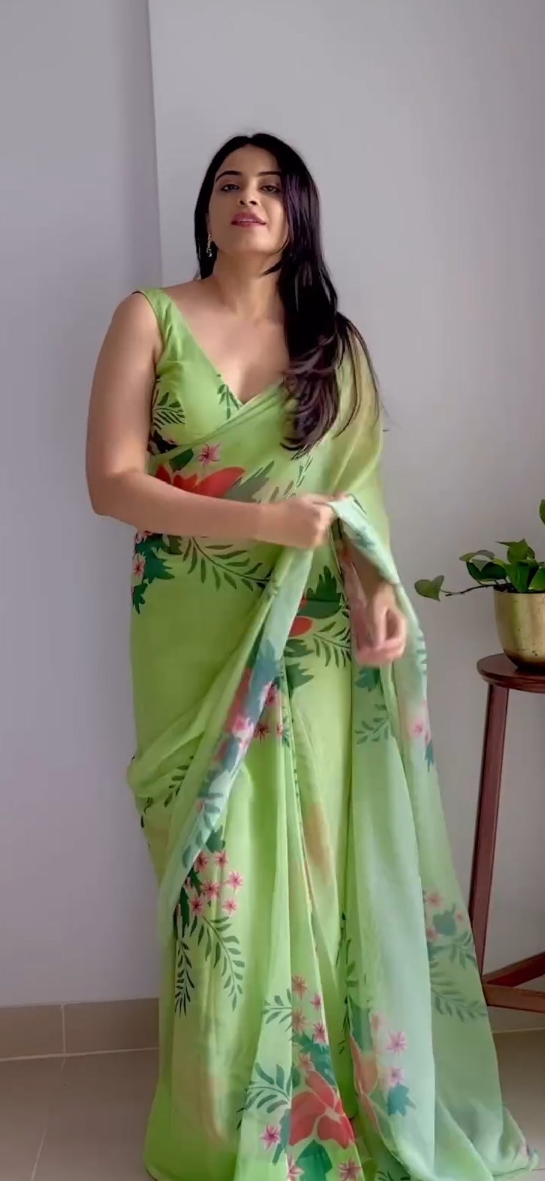 1-Minute Ready To Wear Pista Georgette Saree With Unstitched Blouse.