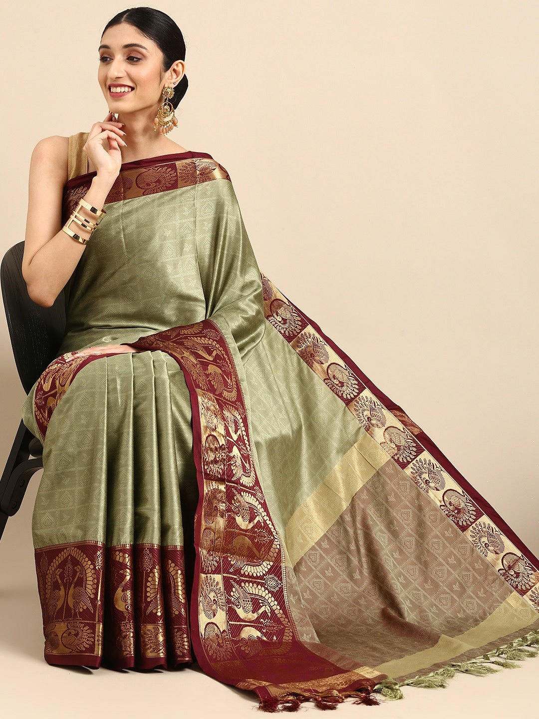 Pista Brown Designer Shagun Dola Silk Saree