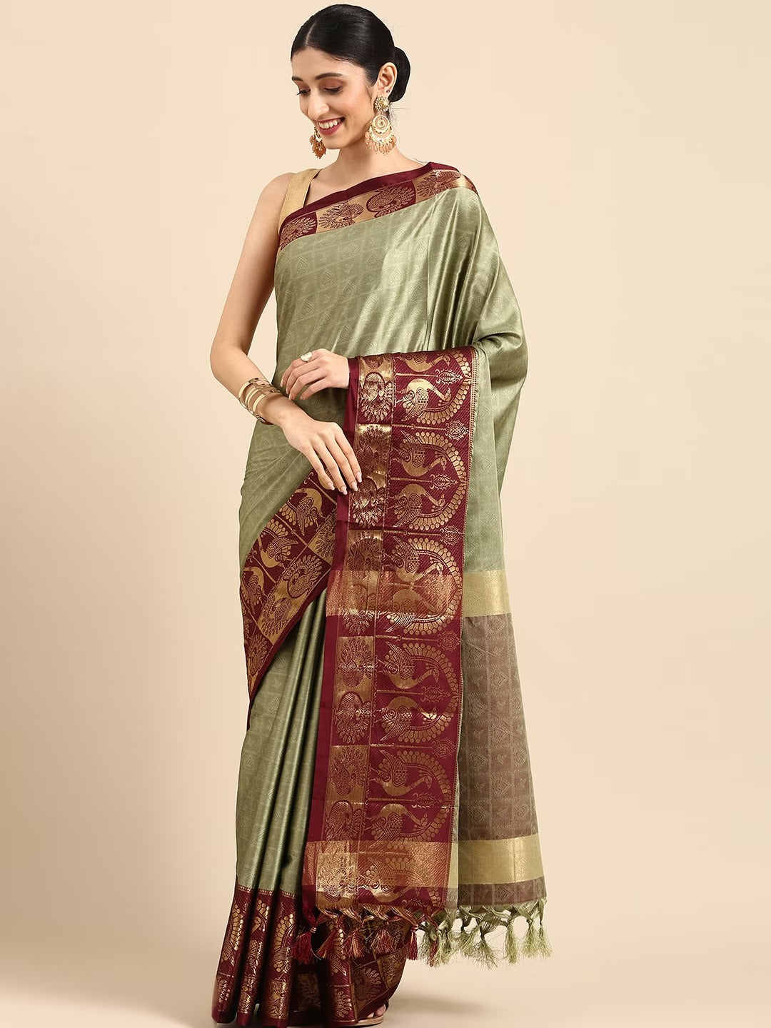 Pista Brown Designer Shagun Dola Silk Saree