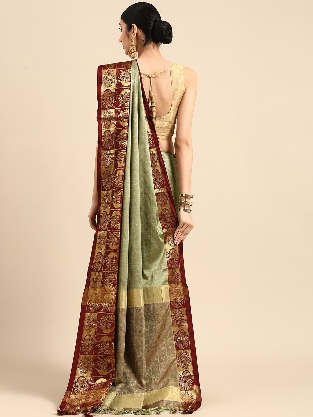 Pista Brown Designer Shagun Dola Silk Saree