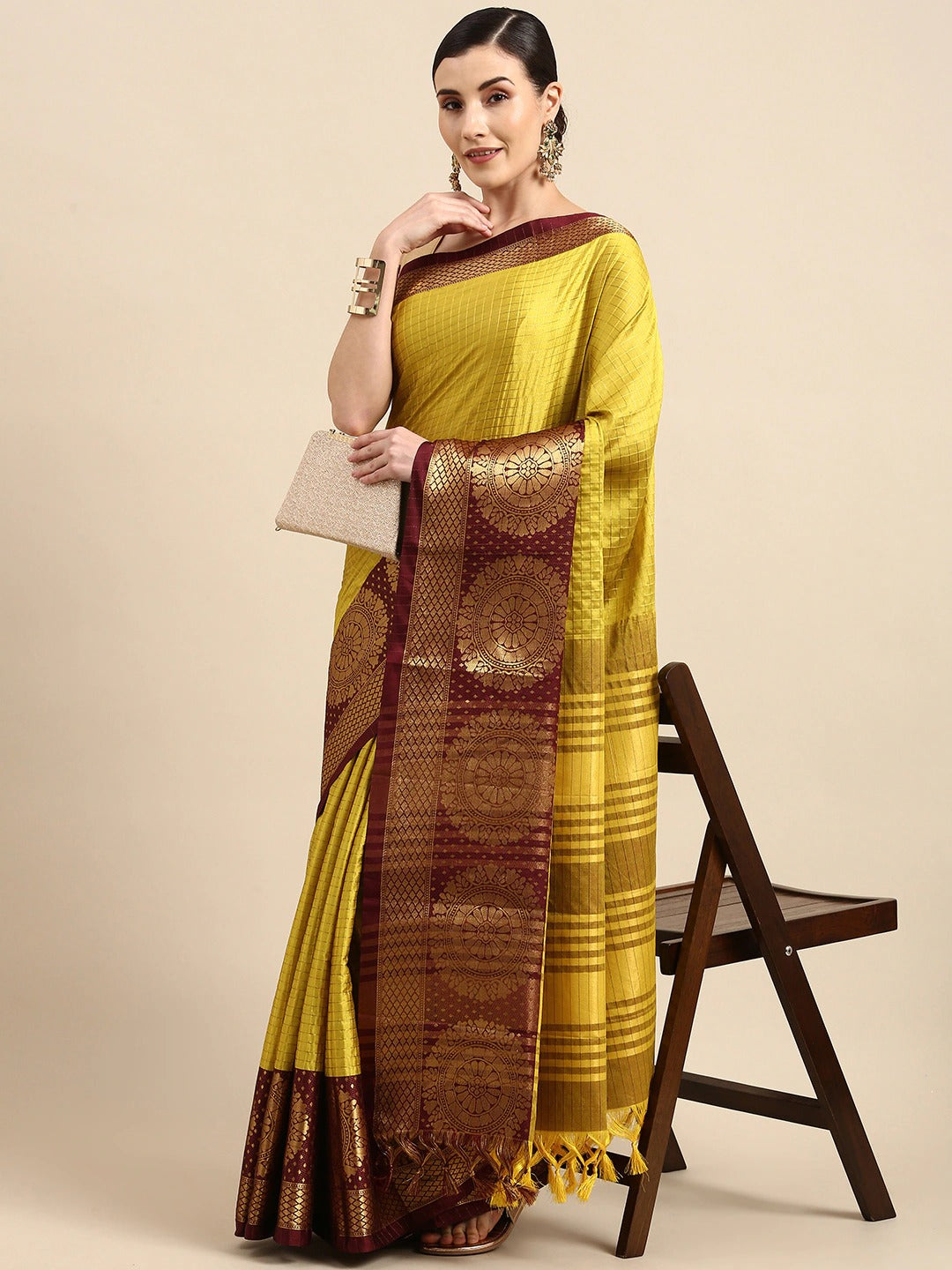 Yellow Brown Designer Shagun Dola Silk Saree