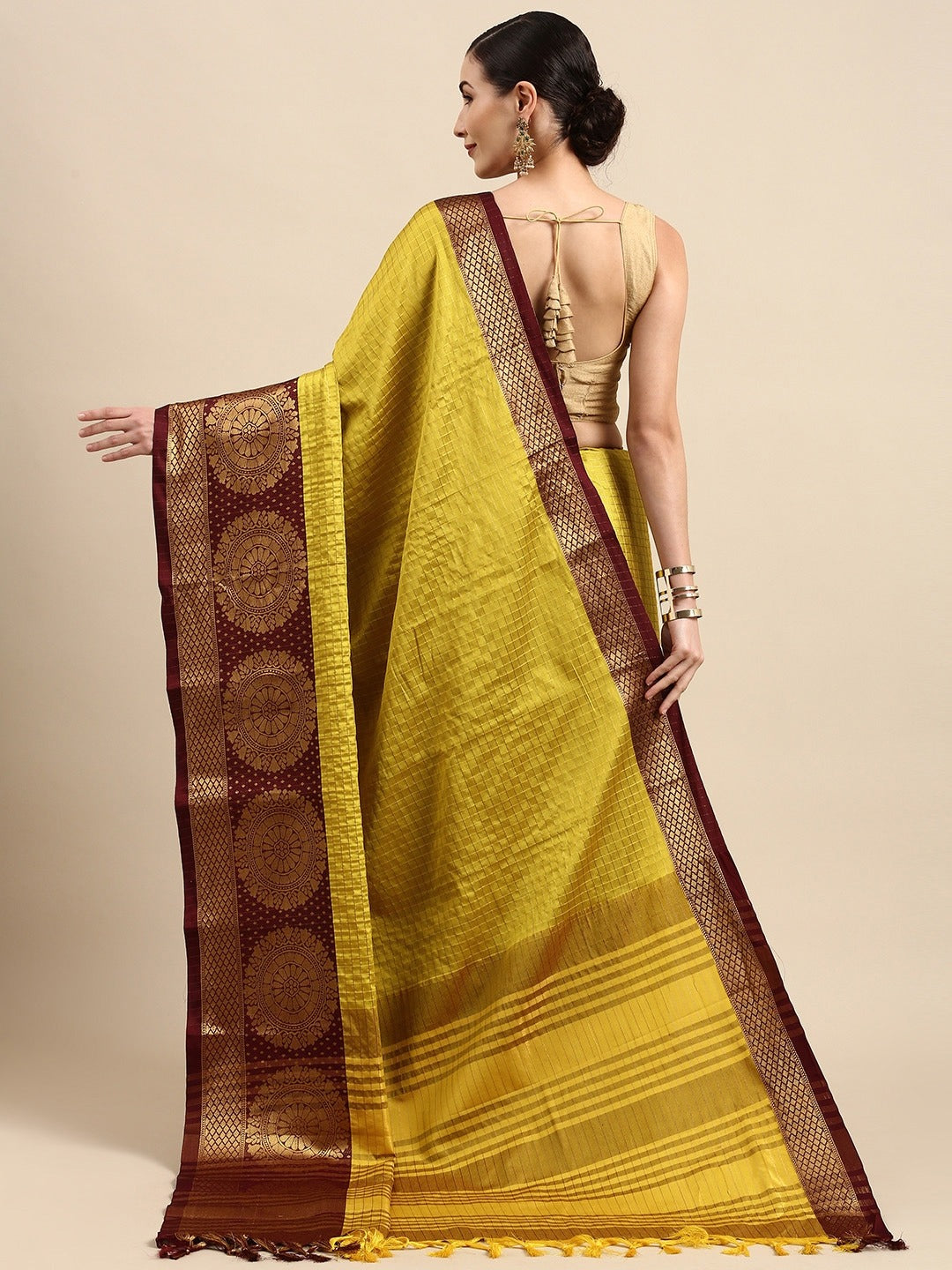 Yellow Brown Designer Shagun Dola Silk Saree