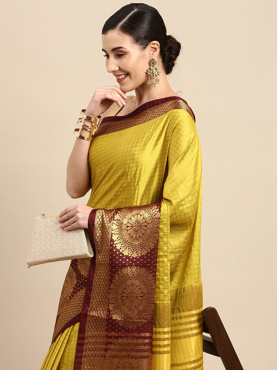 Yellow Brown Designer Shagun Dola Silk Saree