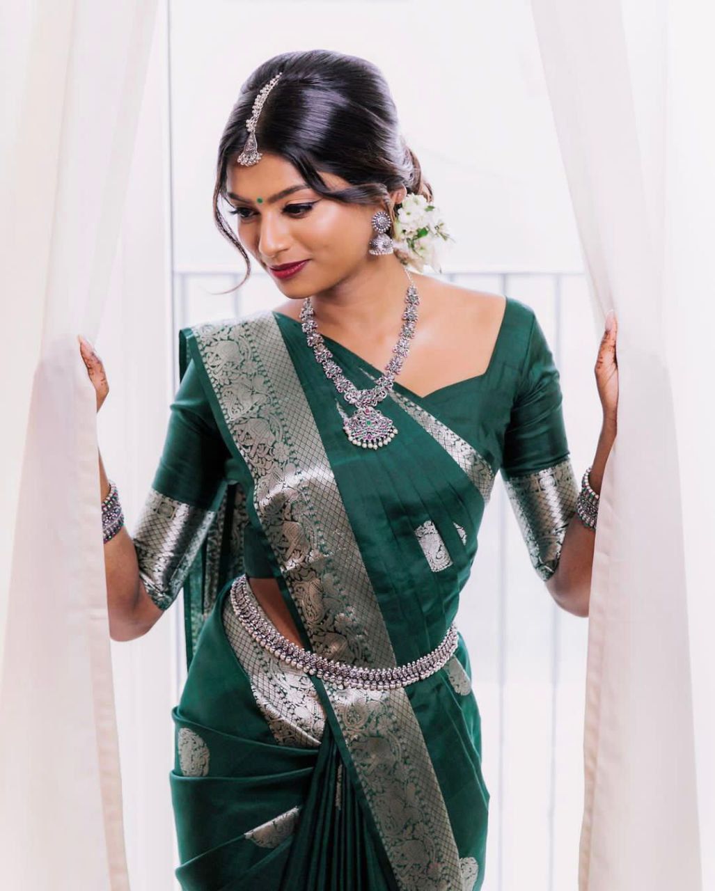 Silver Green Design Boarder Banarasi Silk Saree