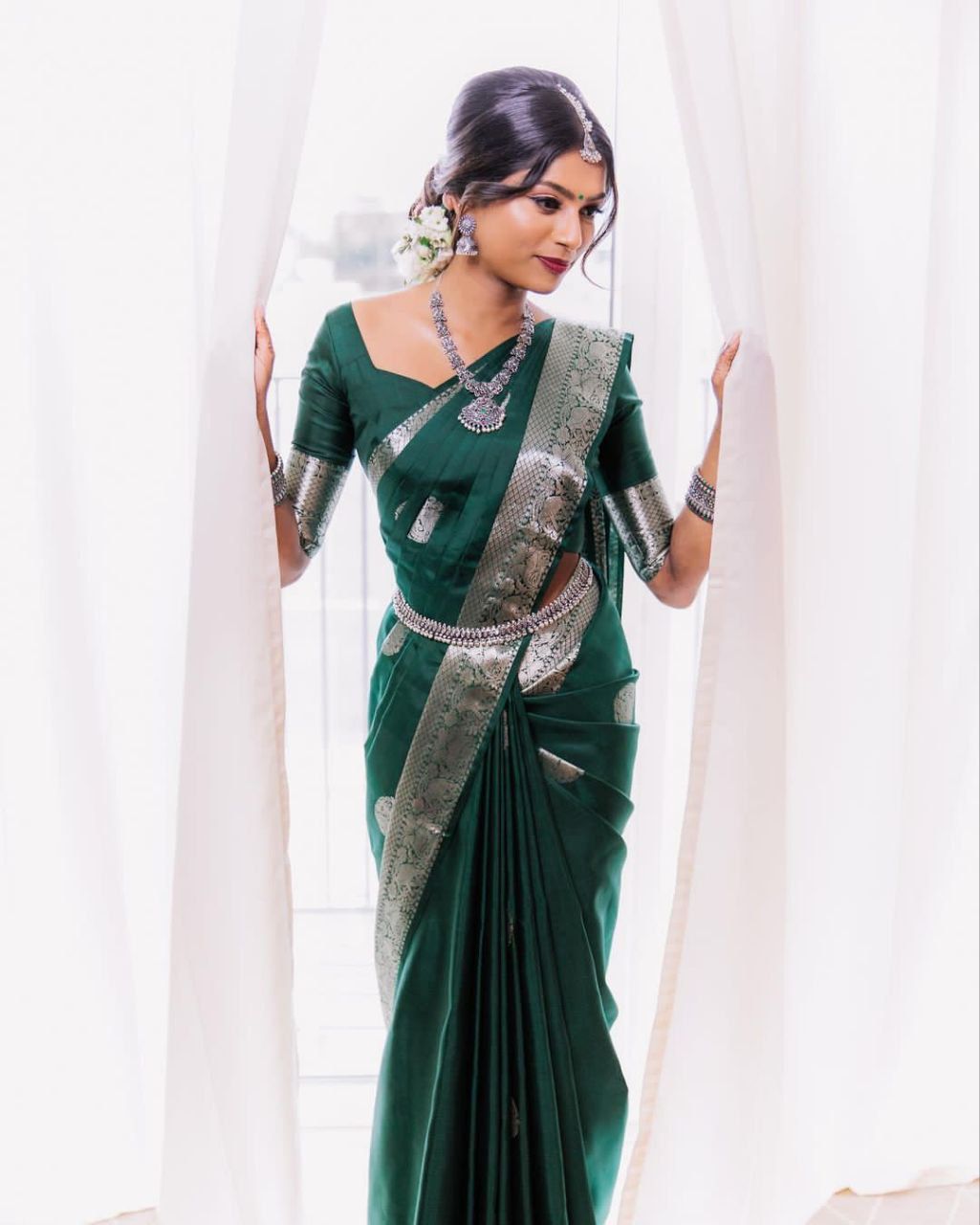 Silver Green Design Boarder Banarasi Silk Saree