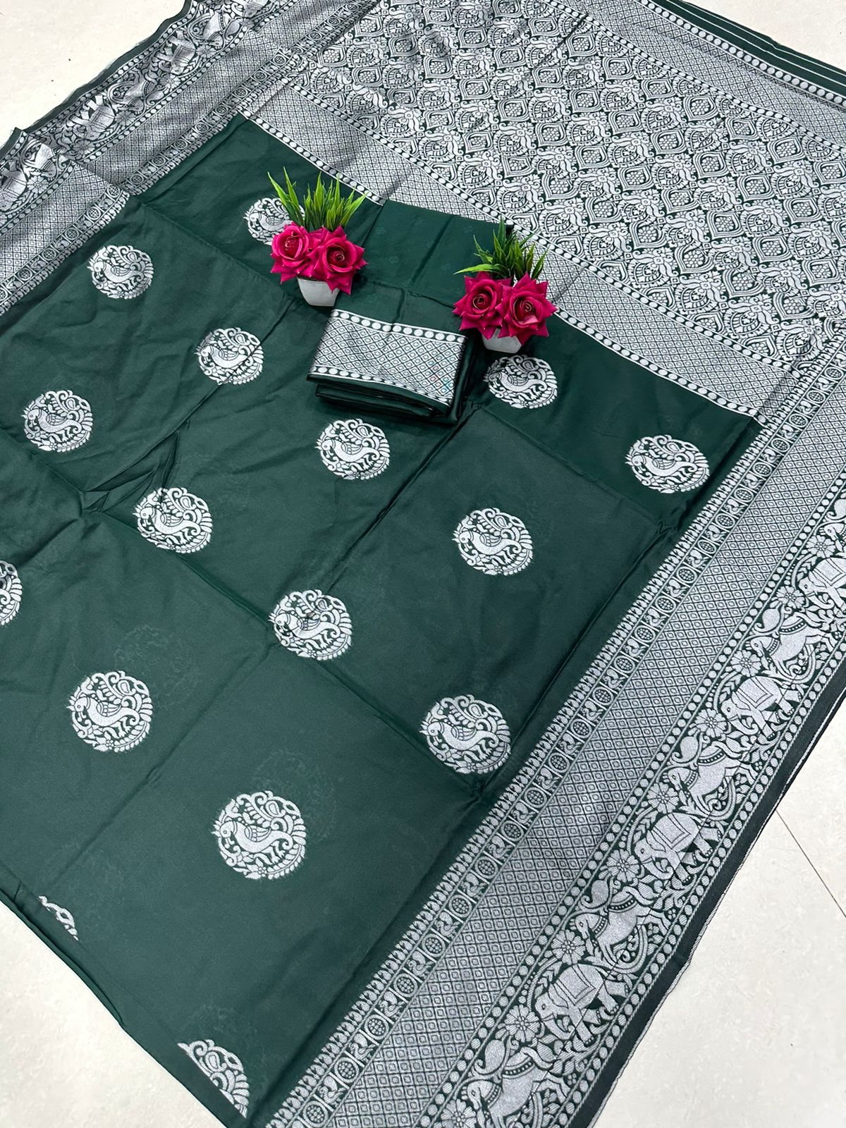 Silver Green Design Boarder Banarasi Silk Saree