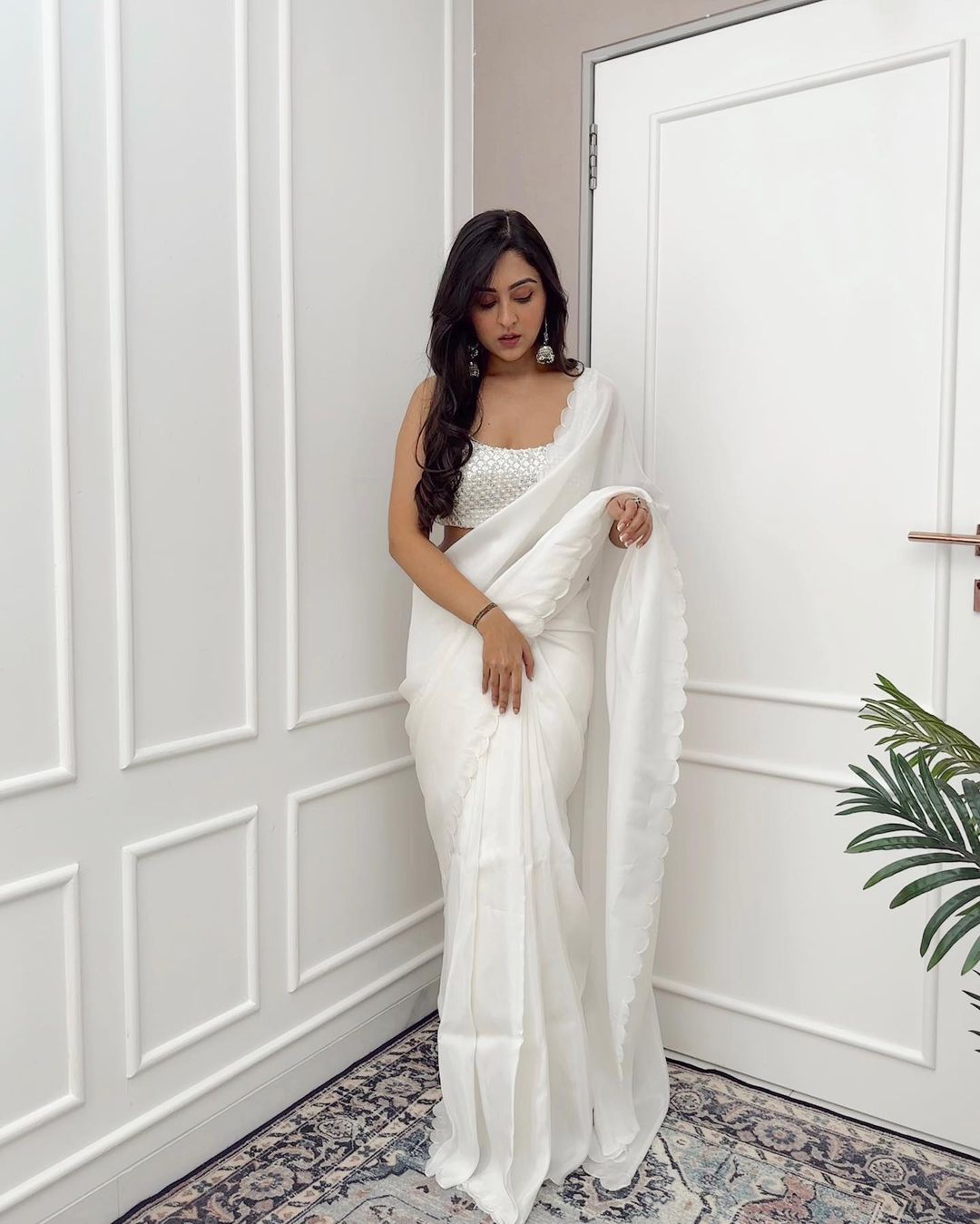 1-Min Ready To Wear Premium pure soft silk with beautiful full border work White Saree With Stitched Blouse.