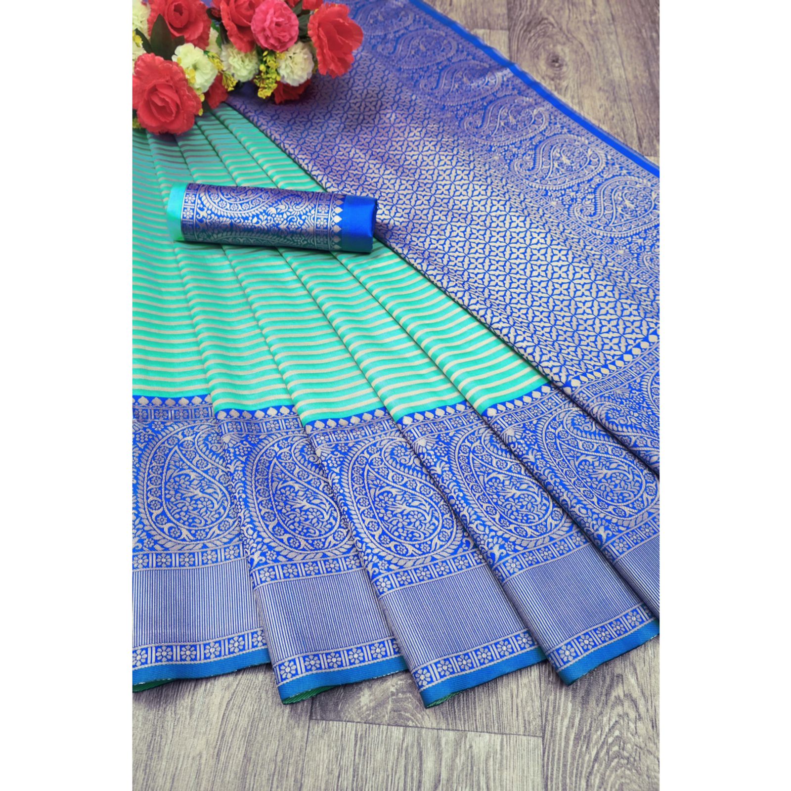 Aqua Sky and Royal Blue Sneha Banarasi Silk Saree