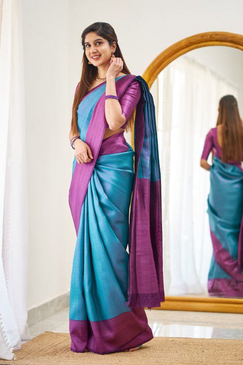 Sky and Rani Pink  Soundarya Banarasi Silk Saree