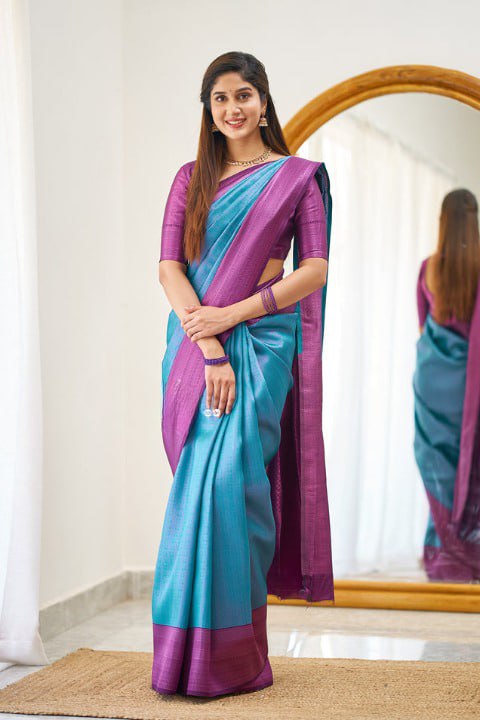 Sky and Rani Pink  Soundarya Banarasi Silk Saree