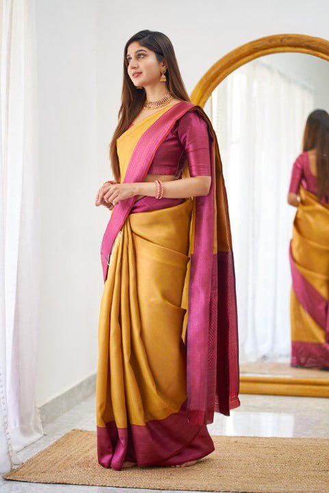 Yellow and Pink  Soundarya Banarasi Silk Saree