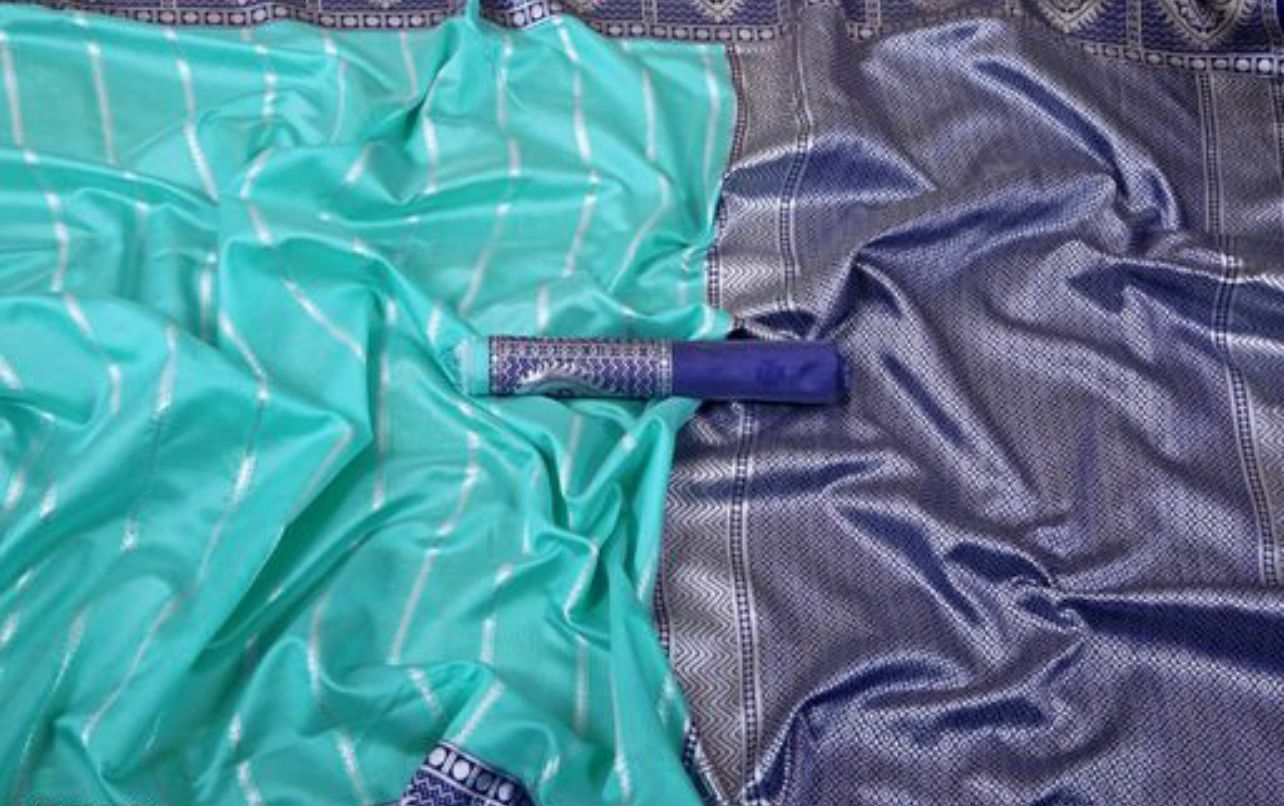 Sky and Blue Silver Design Swastika Dola Silk Saree