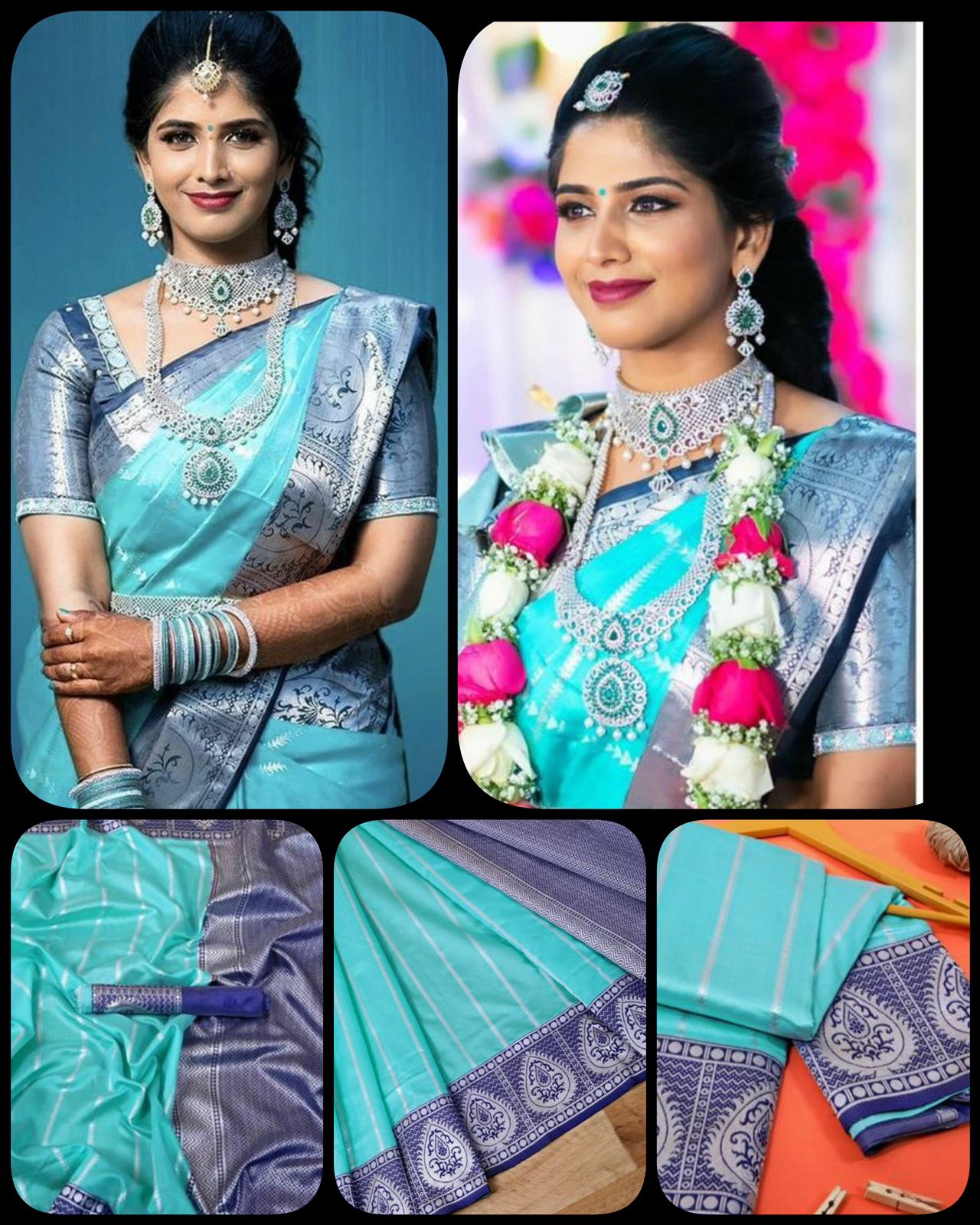 Sky and Blue Silver Design Swastika Dola Silk Saree