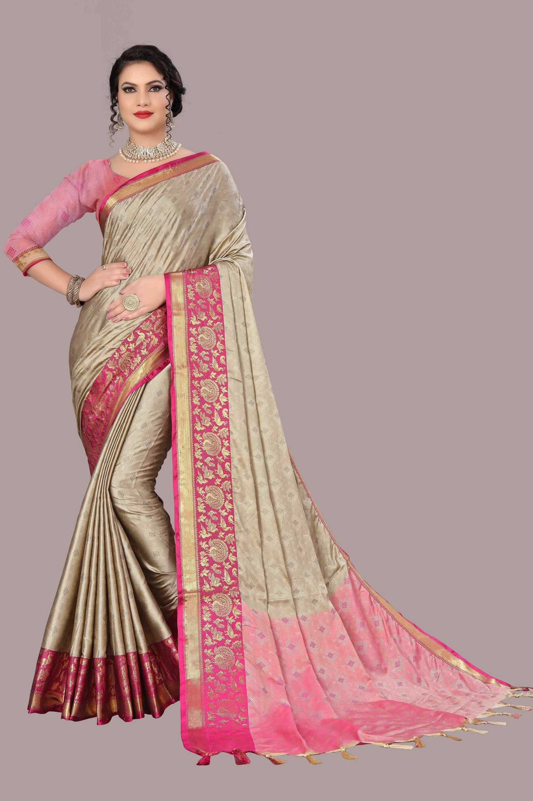 Chiku and Pink TansuiBird Kanjivaram Silk Saree