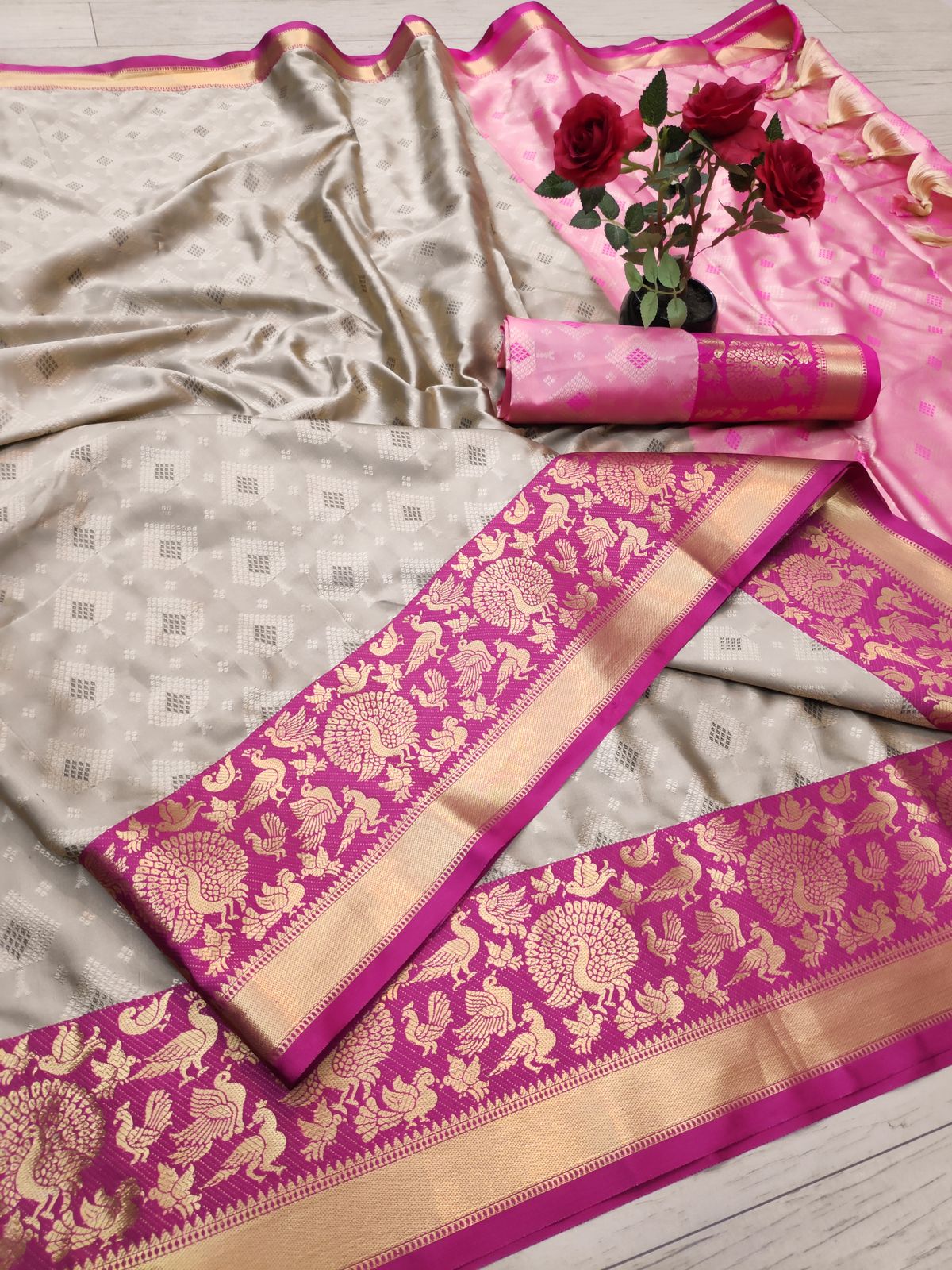 Chiku and Pink TansuiBird Kanjivaram Silk Saree