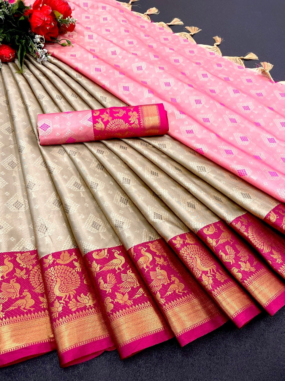 Chiku and Pink TansuiBird Kanjivaram Silk Saree