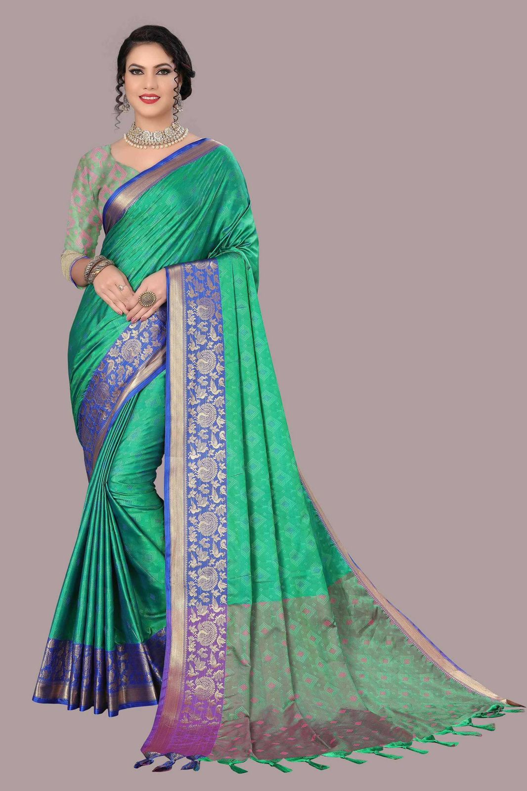 Rama and Green TansuiBird Kanjivaram Silk Saree