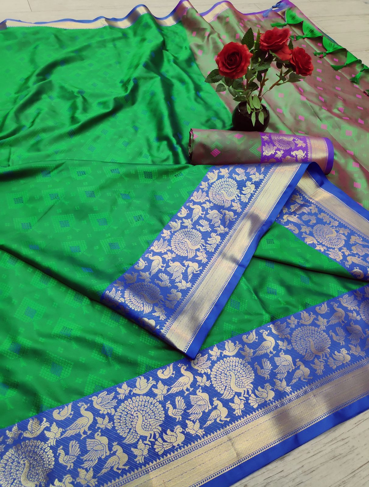 Rama and Green TansuiBird Kanjivaram Silk Saree