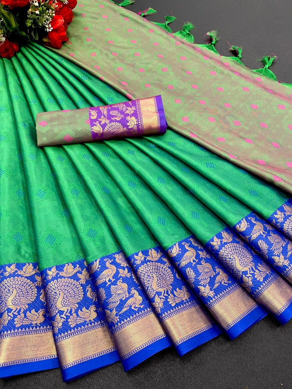 Rama and Green TansuiBird Kanjivaram Silk Saree