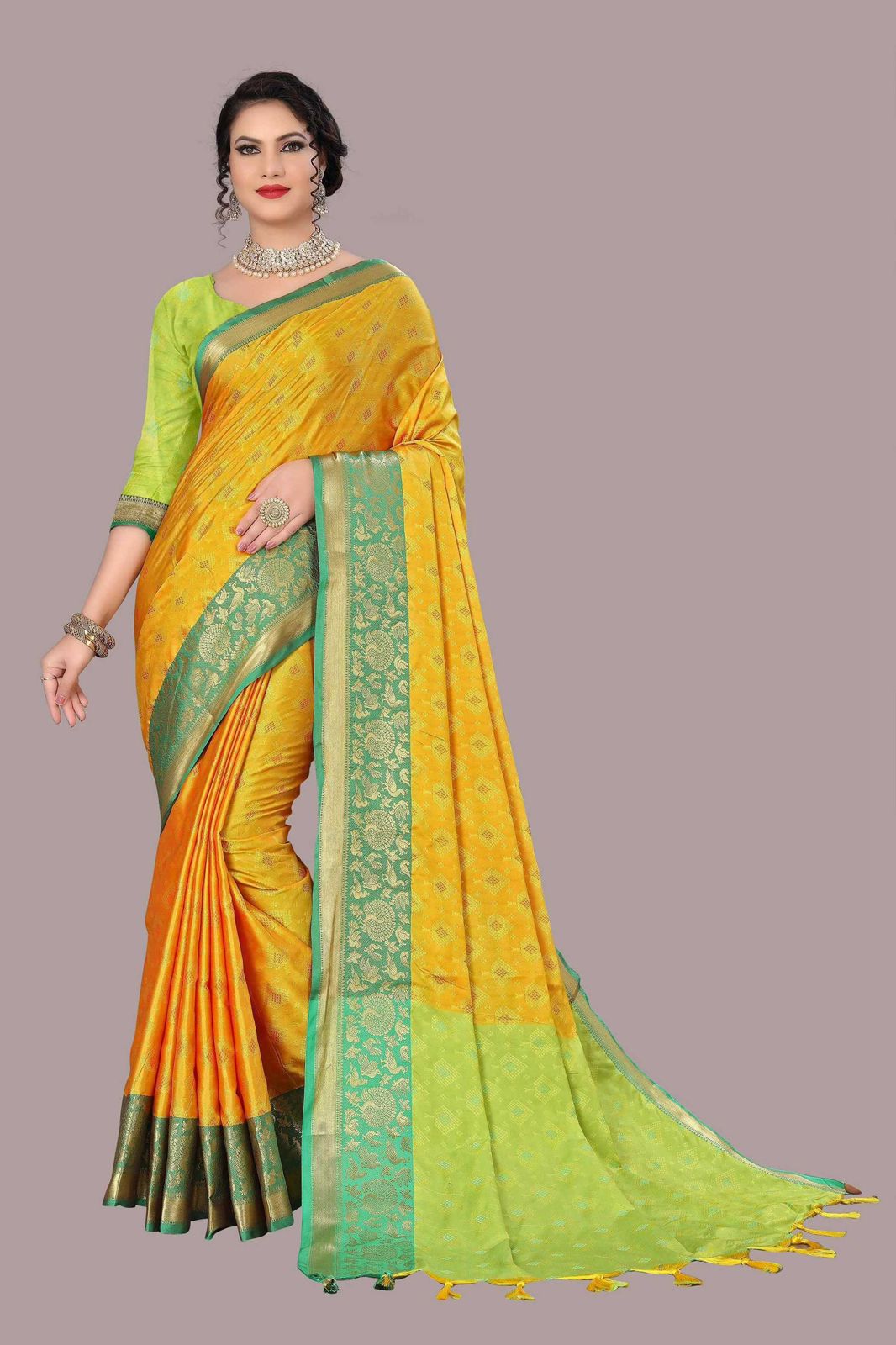 Yellow and Green TansuiBird Kanjivaram Silk Saree