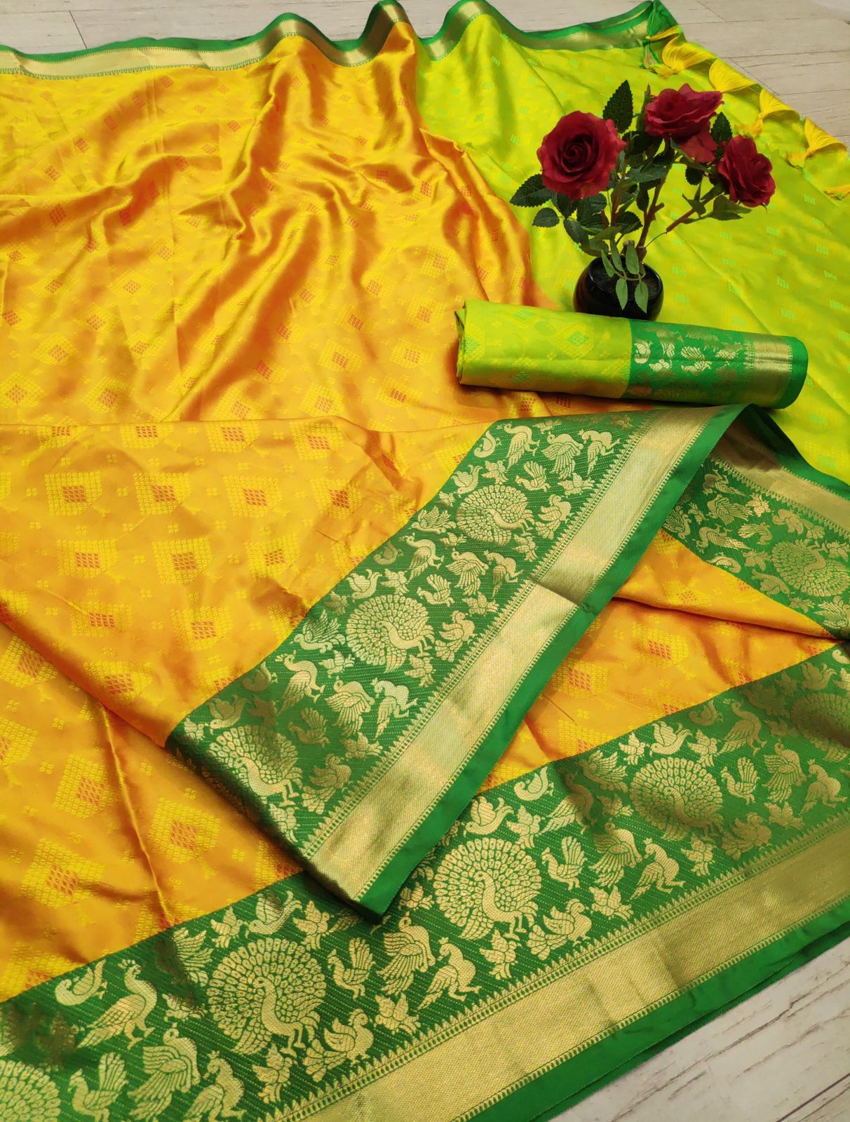 Yellow and Green TansuiBird Kanjivaram Silk Saree