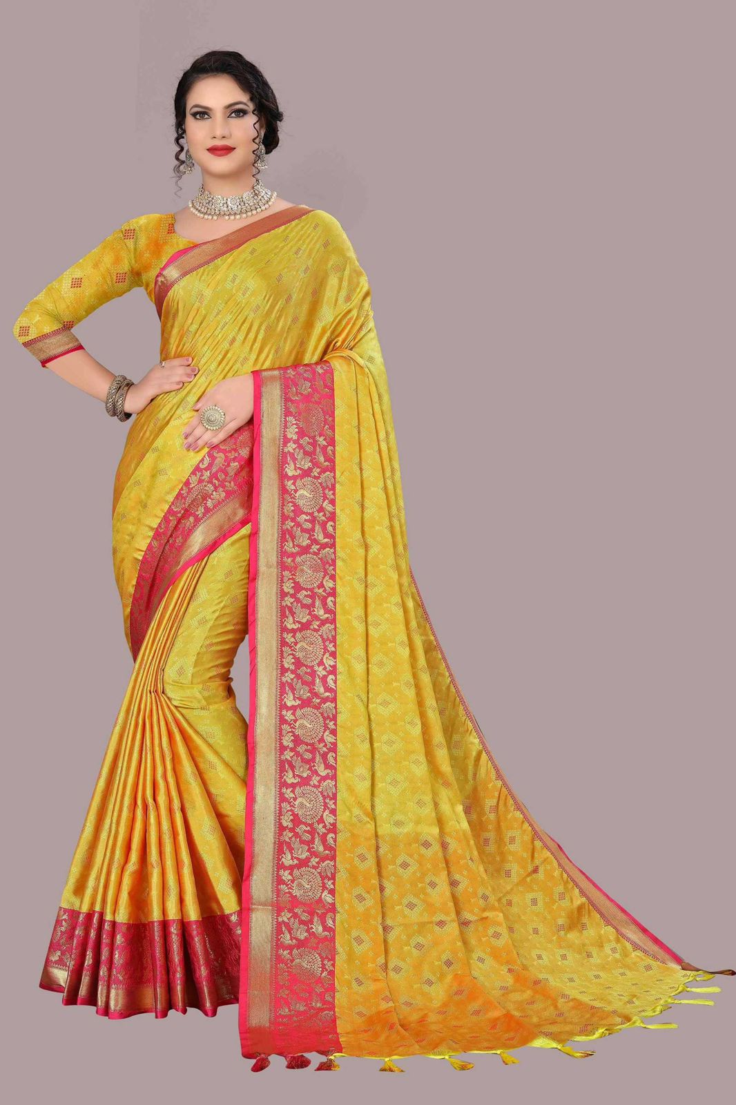 Yellow and Pink TansuiBird Kanjivaram Silk Saree