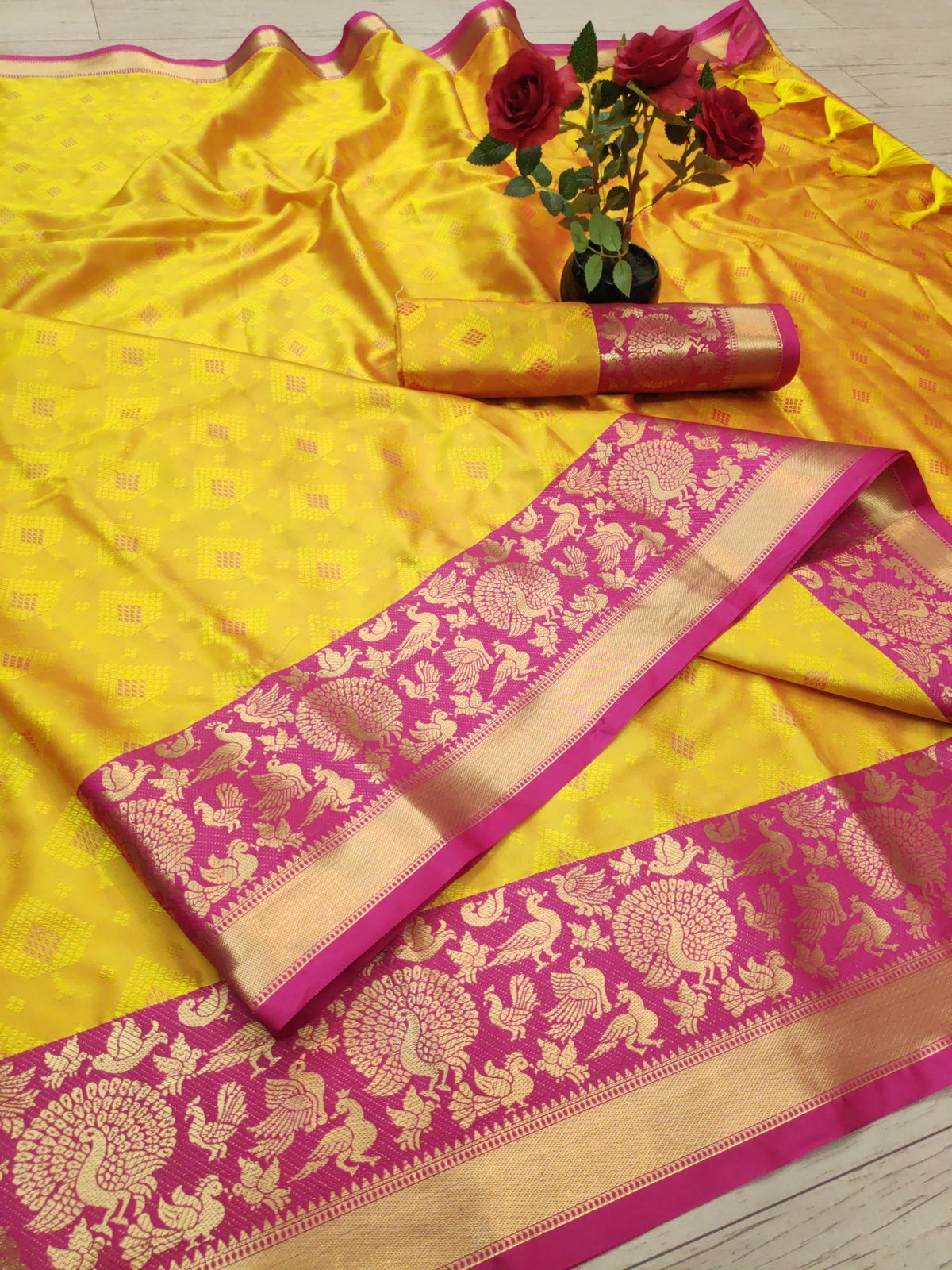 Yellow and Pink TansuiBird Kanjivaram Silk Saree