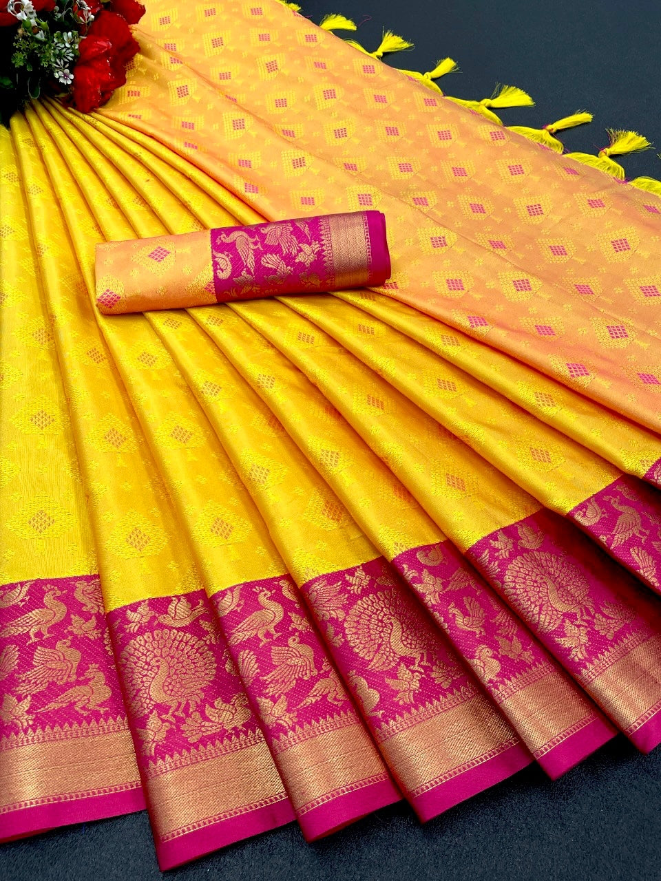 Yellow and Pink TansuiBird Kanjivaram Silk Saree