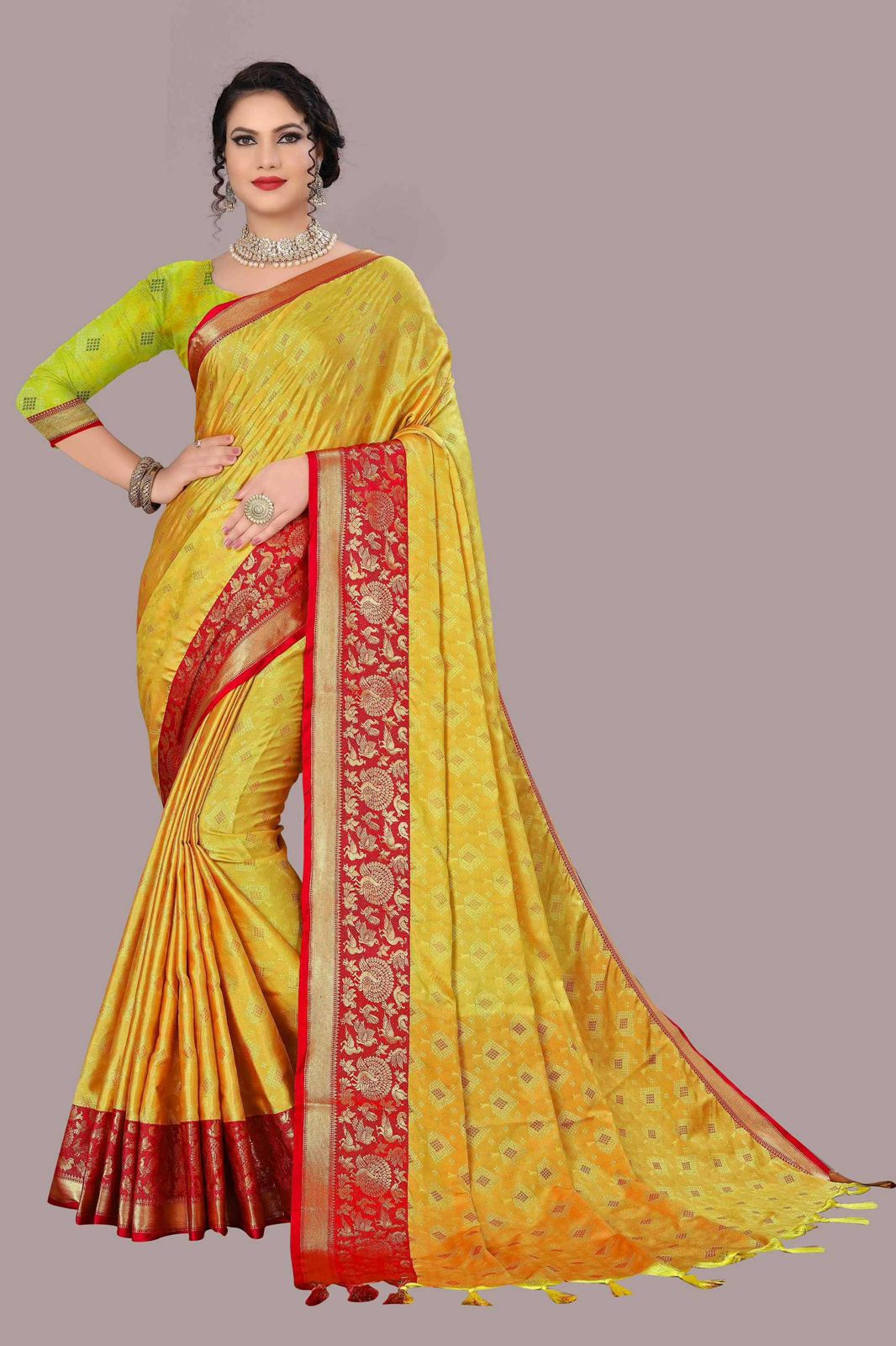 Yellow and Red TansuiBird Kanjivaram Silk Saree