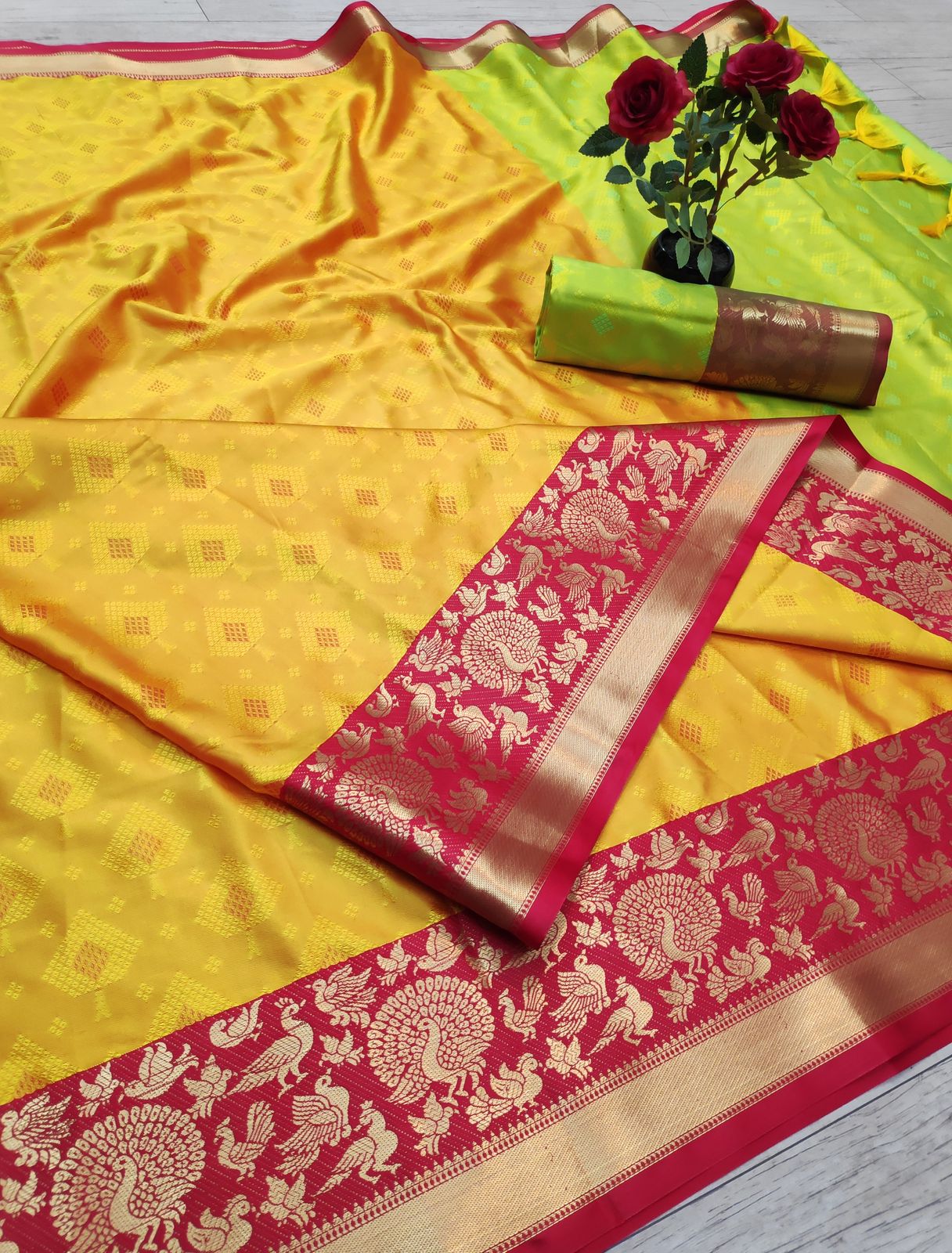 Yellow and Red TansuiBird Kanjivaram Silk Saree