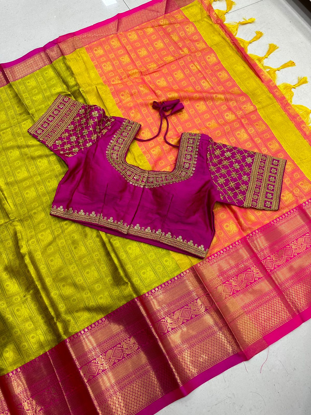 Lemon and Pink Tapsi Cotton Saree