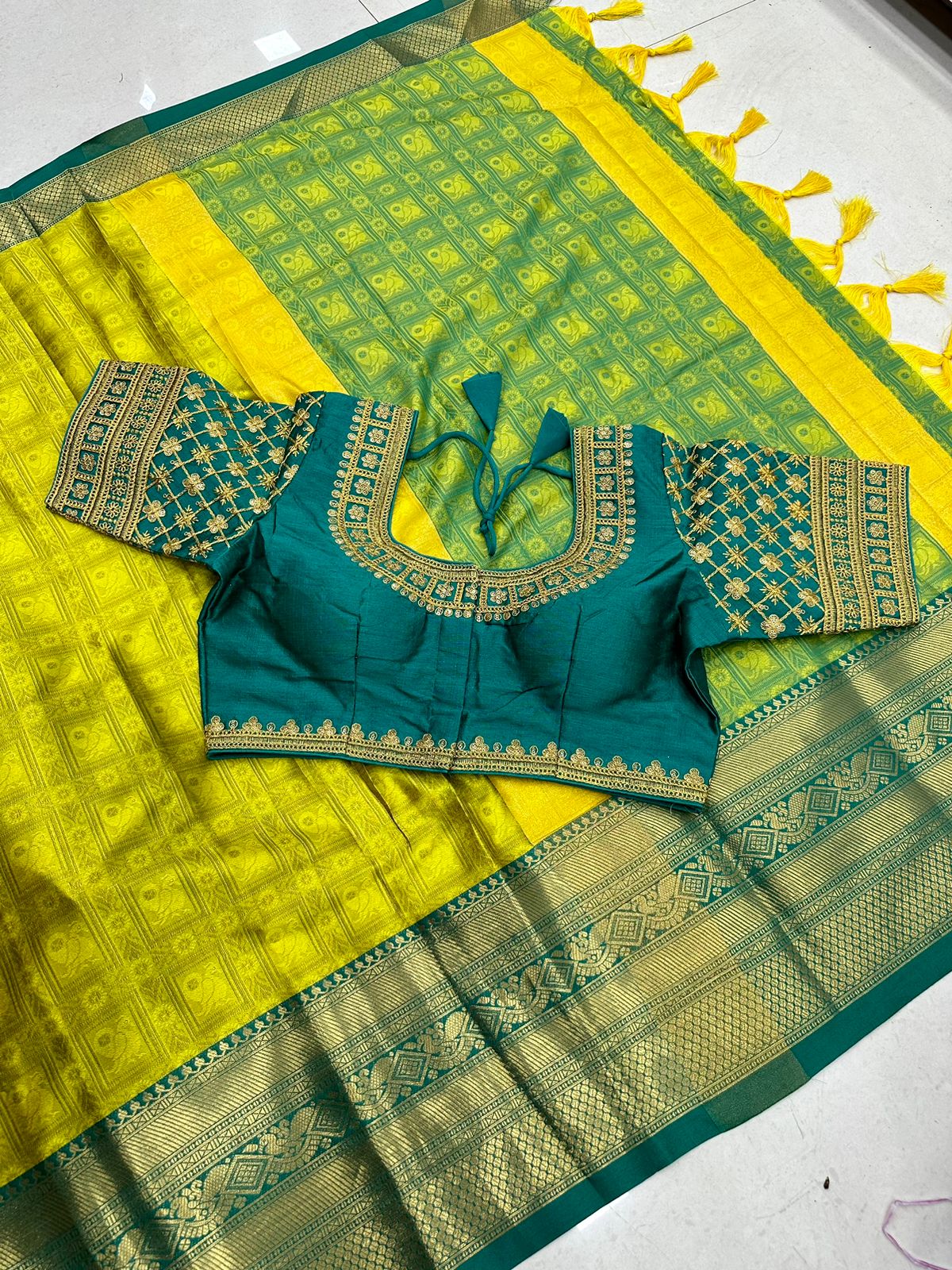 Lemon and Rama Tapsi Cotton Saree