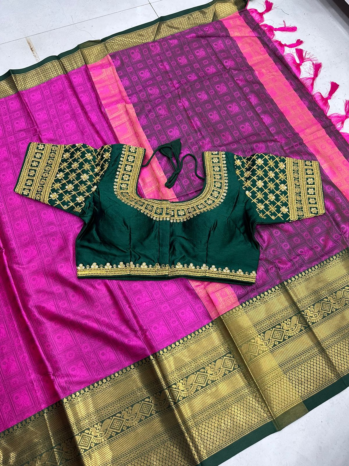 Pink and Green Tapsi Cotton Saree