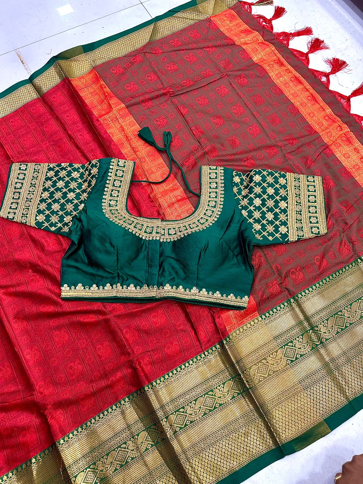 Red and Green Tapsi Cotton Saree