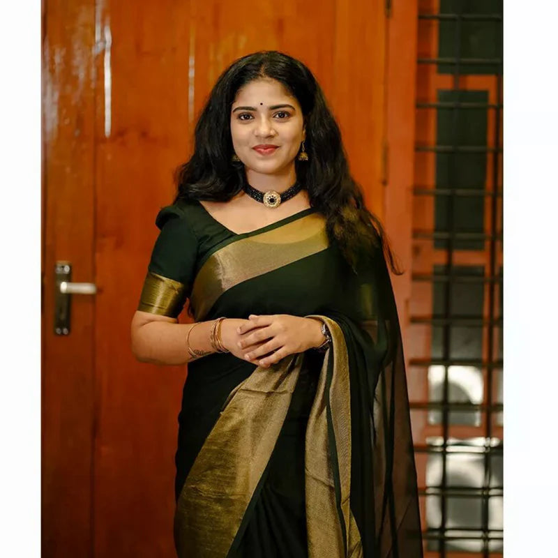 1-Min Ready To Wear Chiffon Gold Zari Patta Saree With Unstitch Blouse-green