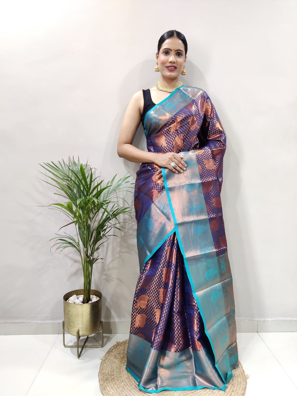 Navy Blue and Copper Vadii Kanjivaram Silk Saree